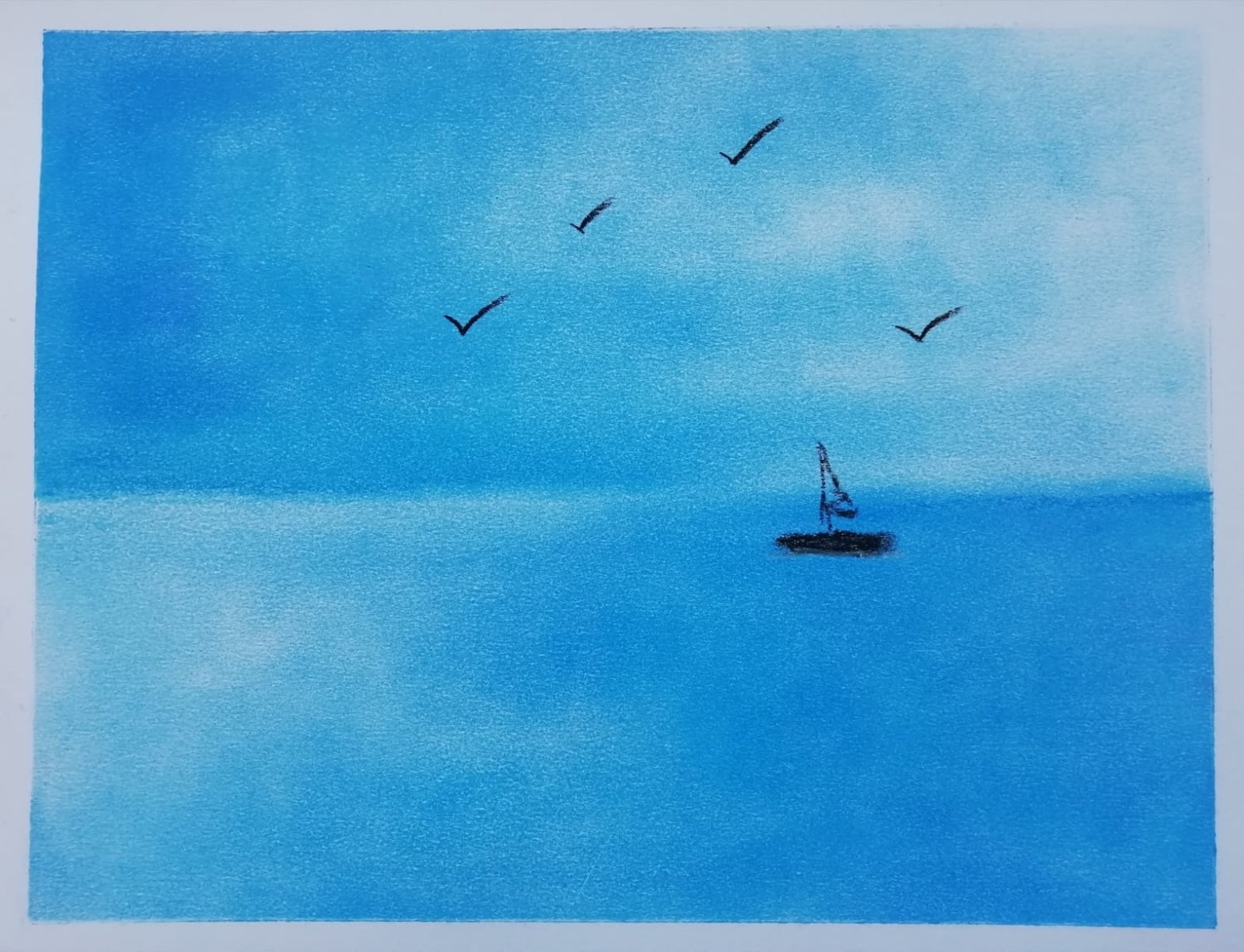 Kunstzinnige oefening van een zee-aanzicht in pastelkrijt. Afke Roggeveen. Kunstzinnige therapie / art therapy / Vaktherapie beeldend / beeldende therapie